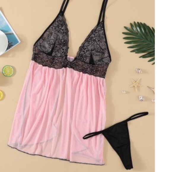 Pink Black lace tulle babydoll set with thong open - Picture 7 of 11